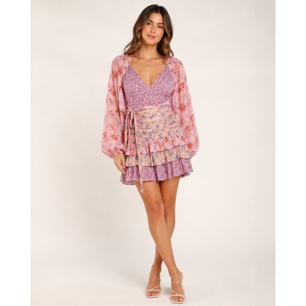 LoveShackFancy Womens 4 Rina Mini Dress Exploded Pink Floral Ruched Tiered Fairy